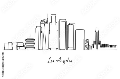 one continuous line drawing of Los Angeles city skyline. World Famous tourism destination. Simple hand drawn style design for travel and tourism promotion campaign