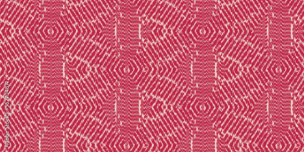 Seamless ikat geometric tribal hexagon and triangle textile surface pattern in Viva Magenta PANTONE 18-1750 color of the year for 2023.  Trendy crimson carmine red fashion design fabric background.