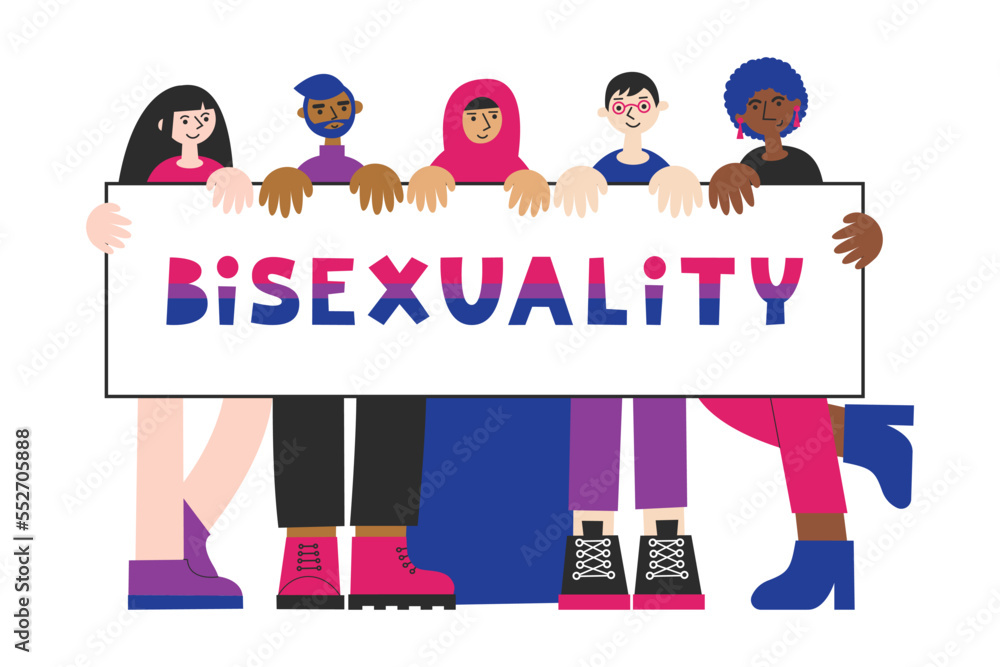 Bisexual people of different ethnicity demonstrate poster. Bisexuality awareness and visibility. LGBTQA pride queer person with flag. Bi week and day.