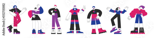 Bisexual people characters clipart collection. Bi queer person with flag, symbols and purple pink blue colors. LGBTQA pride. International bisexuality day. Awareness and visibility week.