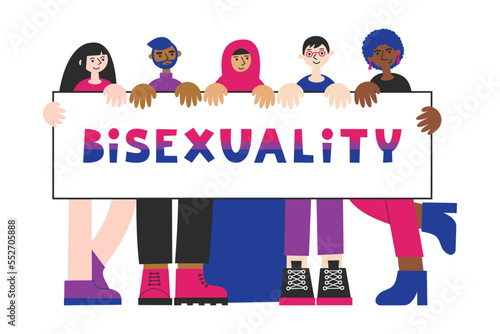 Bisexual people of different ethnicity demonstrate poster. Bisexuality awareness and visibility. LGBTQA pride queer person with flag. Bi week and day.