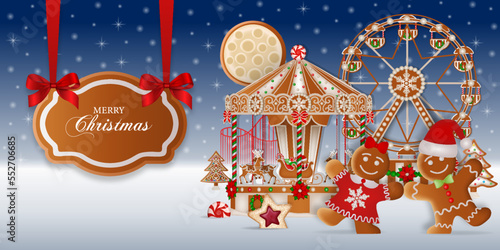 christmas background with gingerbread cookies. gingerbread landscape with funfair, gingerbread man and gingerbread woman