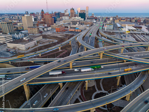 Aerial Shot of Downtown Milwaukee Highway Interchange  at Sunset