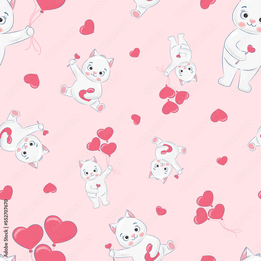 children's seamless pattern on a pink background with cats with heart balloons