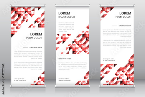 Modern and professional roll up banner template or vertical signboard template with red colored artwork, Retractable banner, Pop up banner, Standee template, X-banner template