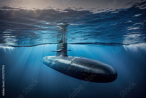 A military submarine. The submarine is floating underwater. Generative AI photo