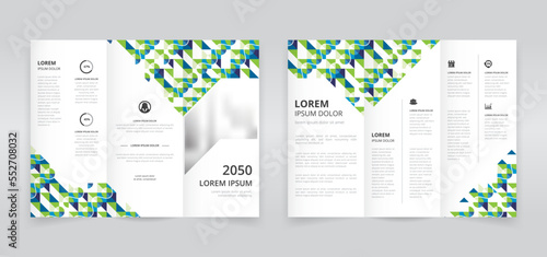Modern trifold brochure template with green and blue colored artwork, trifold flyer layout, pamphlet, leaflet