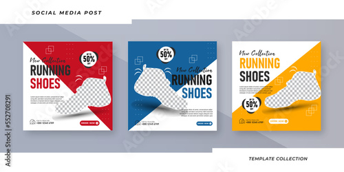 Set of three running shoes sport collection social media pack template premium vector