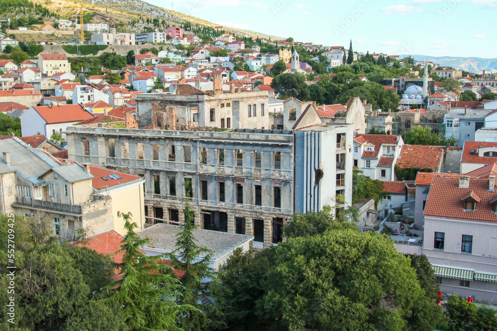 Old destroyed building in downtown Mostar after Yugoslavian war