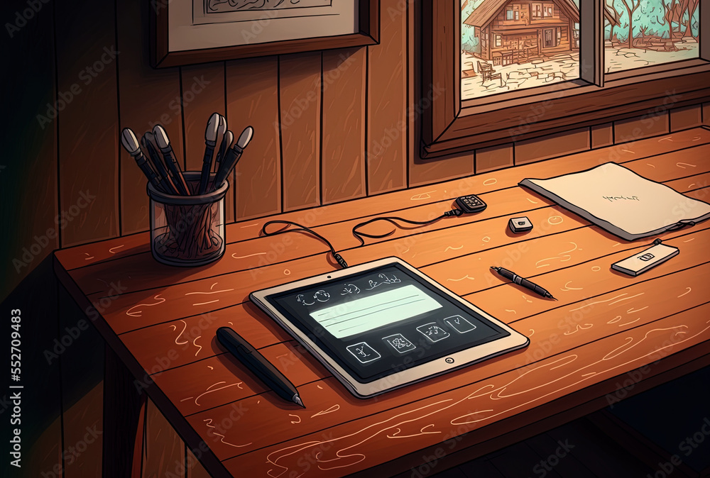 Fototapeta premium On a wooden table, a digital tablet with a smart home controller is visible. Generative AI