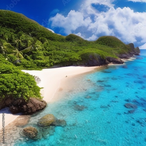 AI-generative overhead island beach scene (not a real place), sand, ocean, and green hills with puffy clouds above mountain covered with lush green vegetation with copy space