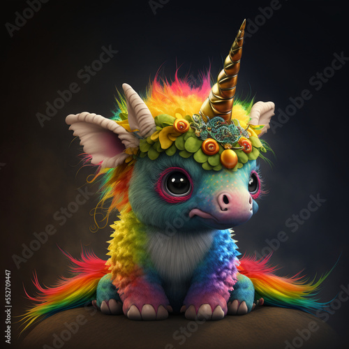 Cute rainbow baby dragon with unicorn horn