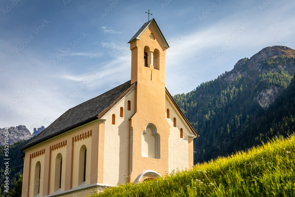 Idyllic landscape of Ardez church, Engadine, Swiss Alps, Switzerland Idyllic landscape of Ardez church, Engadine, Swiss Alps, Switzerland