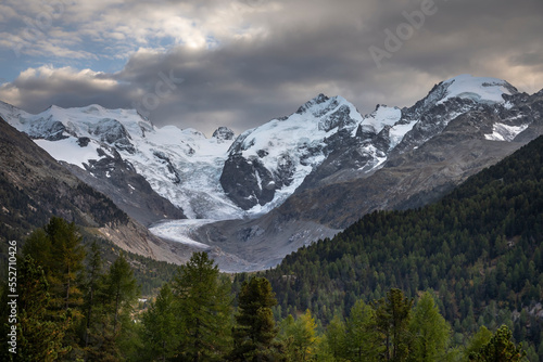 Bernina and Palu mountain range with glaciers in the Alps, Engadine, Switzerland