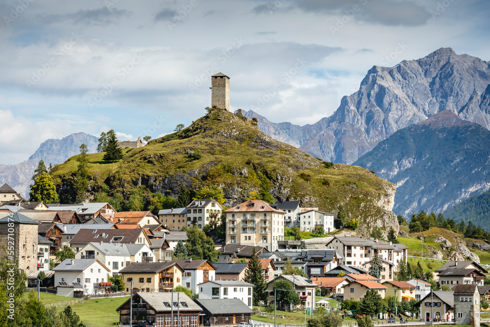 Idyllic landscape of Ardez village, Engadine, Swiss Alps, Switzerland