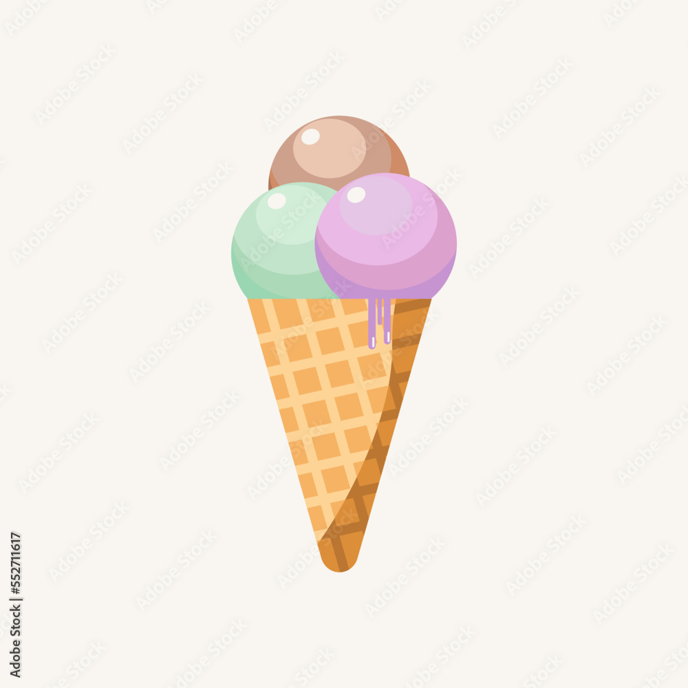 Vector illustration of ice cream in a waffle cone. Ice cream in purple, green, and cocholate colors isolated on white background idea for a poster, postcard, t-shirt.