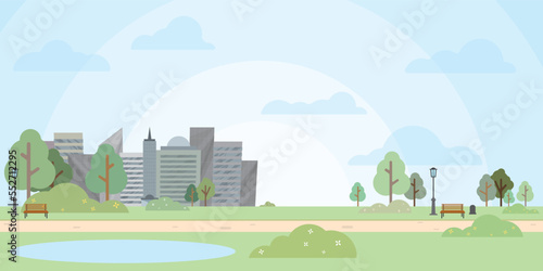 City park with bench, lantern, lake and walkway vector illustration have blank space for advertisement wording. Town and city park landscape nature.