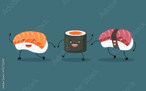 Japanese salmon sushi and maki roll cute character. Cartoon raw sliced fish with rice. Traditional Asian food. Vector illustration in trendy flat style isolated.