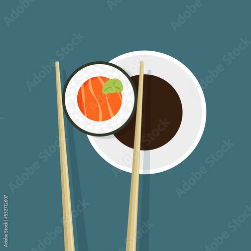 Japanese maki roll with salmon. Chopsticks holding sushi dipped in soy sauce. Traditional Asian food. Top view. Vector illustration in trendy flat style isolated.