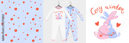 Seamless pattern and illustration set with family hugs, bunnies in love, Cozy winter text. Cute design pajamas on a hanger. Baby background for tee prints, baby shower decor, fabric design, wrapping