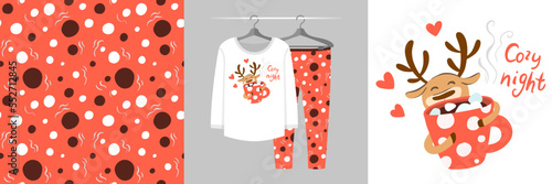 Seamless Christmas pattern and illustration set with deer hugs cup of cocoa, Cozy night text. Cute design pajamas on a hanger. Baby background for apparel, room decor, tee print design, wrapping