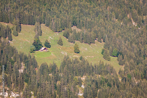 lonely farm above Lauterbrunnen idyllic valley, Bernese oberland, Swiss Alps photo