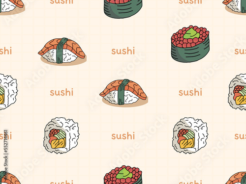 Sushi cartoon character seamless pattern on orange background