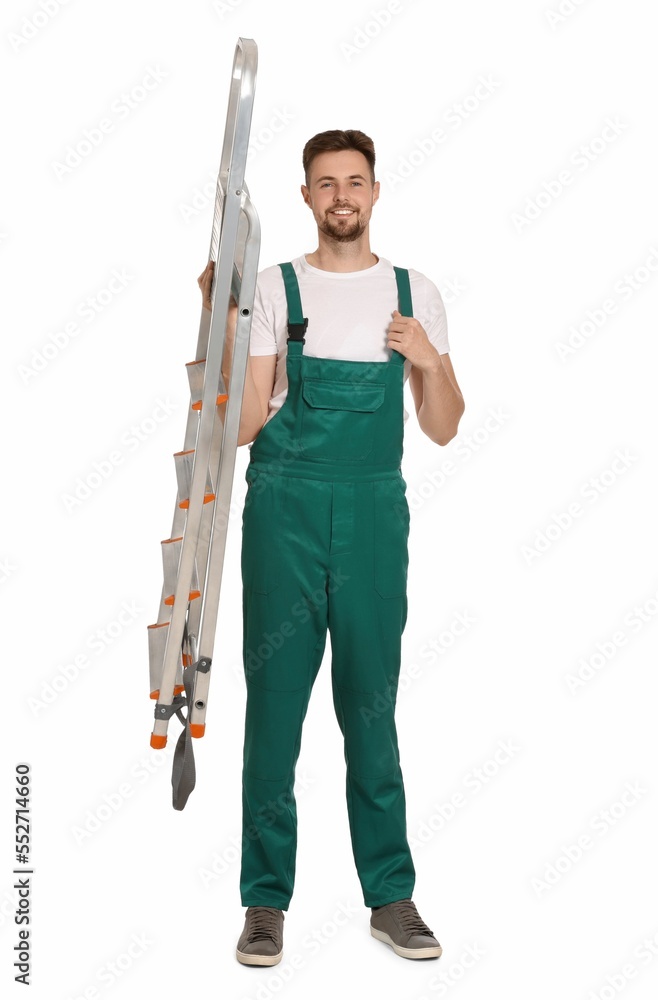 Worker in uniform holding metal ladder on white background Worker in uniform holding metal ladder on white background