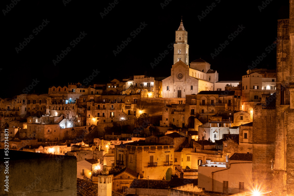 Scenic illuminated cathedral of Matera at night, Southern Italy