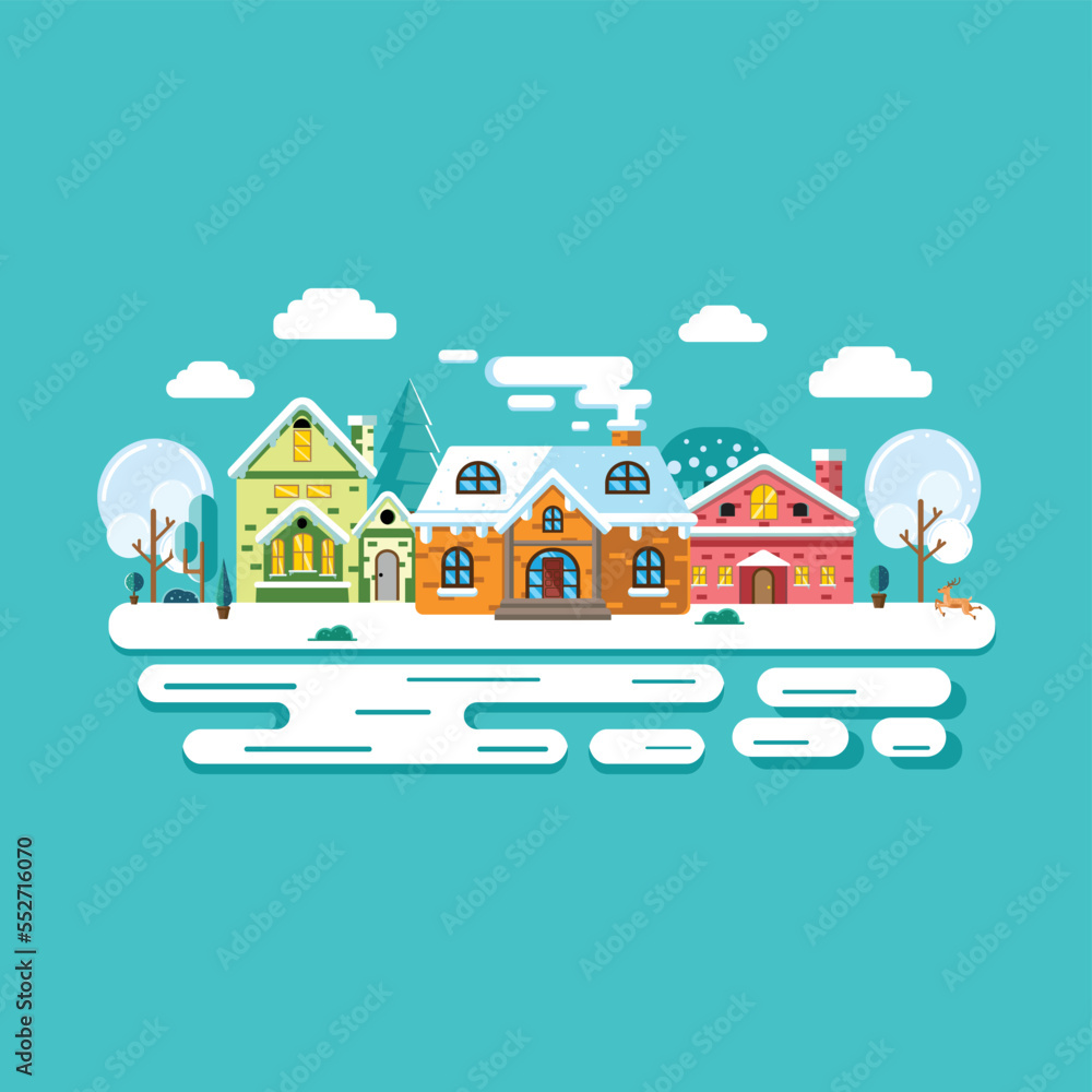 Obraz premium Vector illustration of village in winter with flat design style