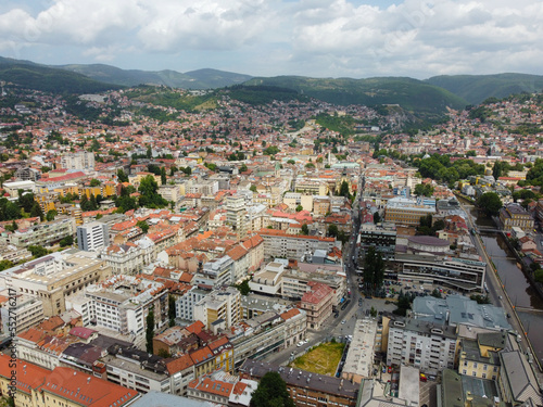 Aerial drone view of city of Sarajevo. Capital of Bosnia and Herzegovina. 