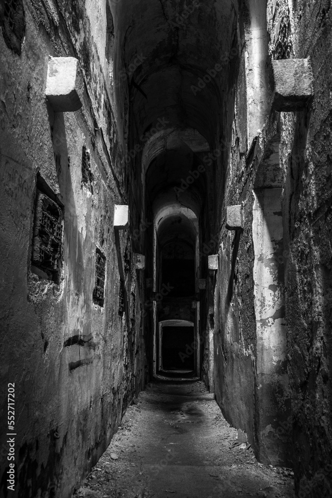 Inside Austrian fortress Landro in the Dolomite Alps of South Tirol, an architectural remain of the border disputes between Austria and Italy