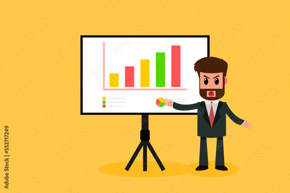 Businessman giving lecture or presentation. Manager analyzes business chart. Business Concept. Vector illustration Businessman giving lecture or presentation. Manager analyzes business chart. Business Concept. Vector illustration