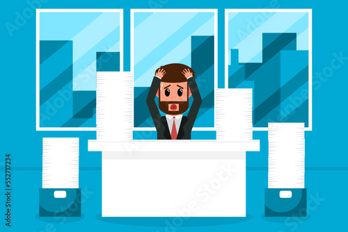Businessman are stressed at work. A lot of documents. Business Concept. Vector illustration
