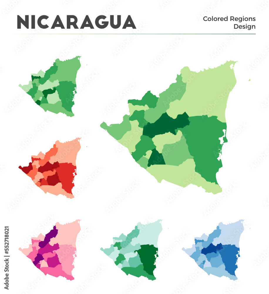 Nicaragua map collection. Borders of Nicaragua for your infographic. Colored country regions. Vector illustration.