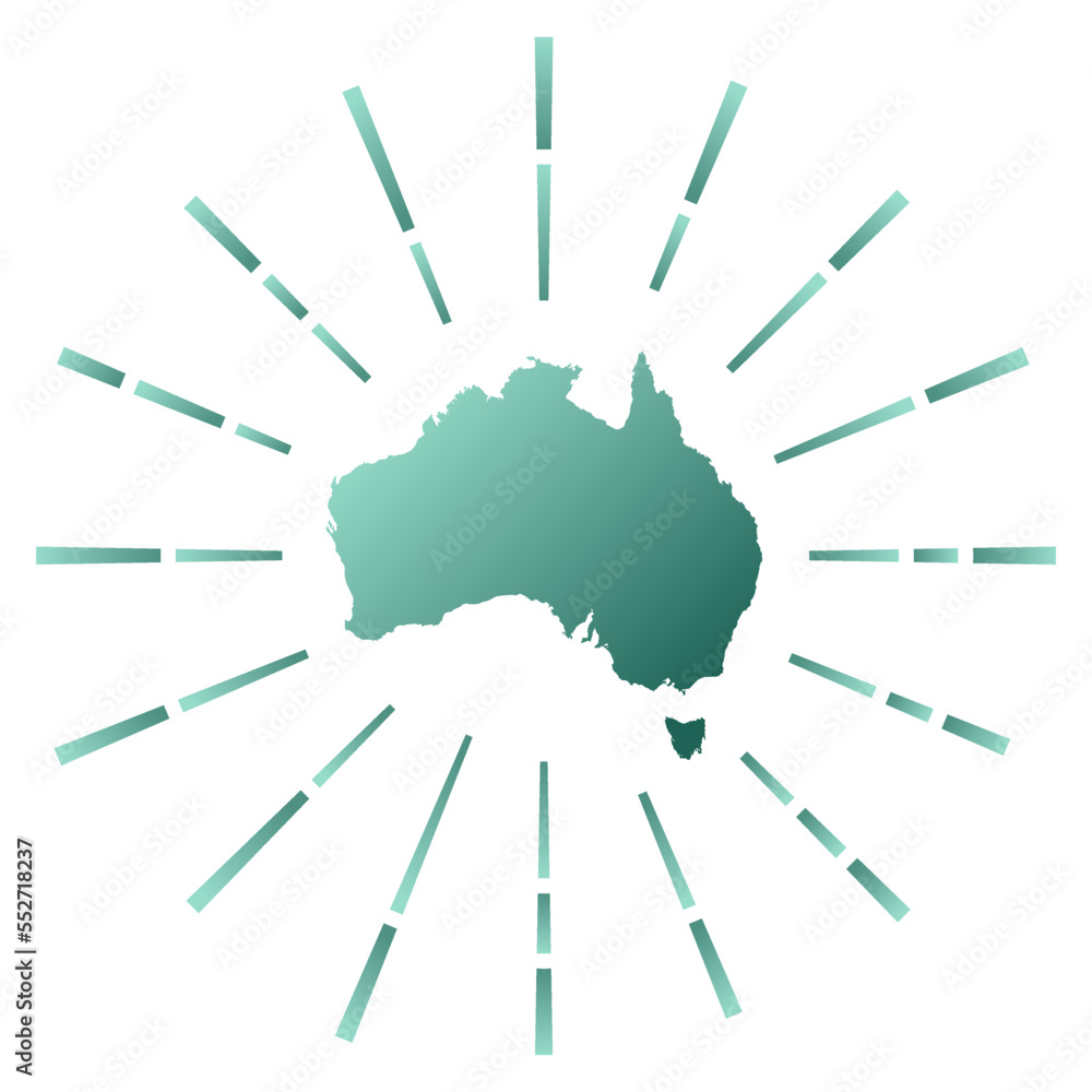 Australia gradiented sunburst. Map of the country with colorful star rays. Australia illustration in digital, technology, internet, network style. Vector illustration.