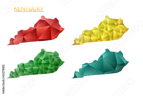 Set of vector polygonal maps of Kentucky. Bright gradient map of us state in low poly style. Multicolored Kentucky map in geometric style for your infographics. Stylish vector illustration.