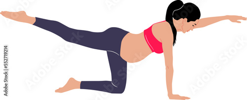 Hand-drawn pregnant woman doing exercise wearing leggings and a top. Vector flat style illustration isolated on white. Full-length view	