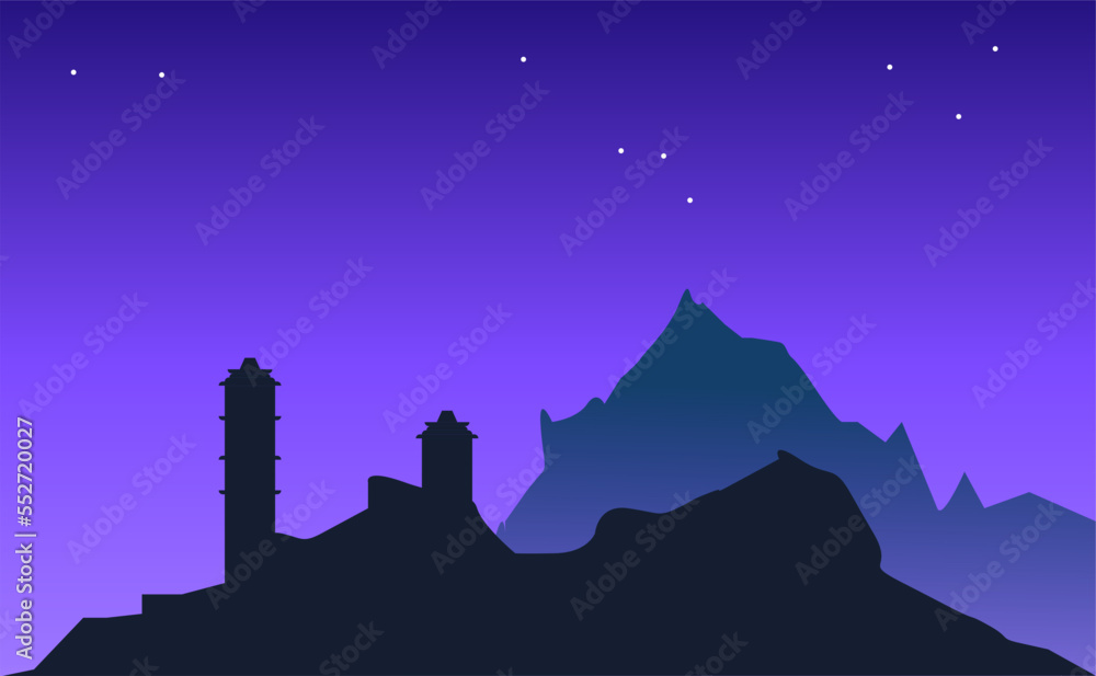 Vector landscape with silhouettes of blue mountains and temple