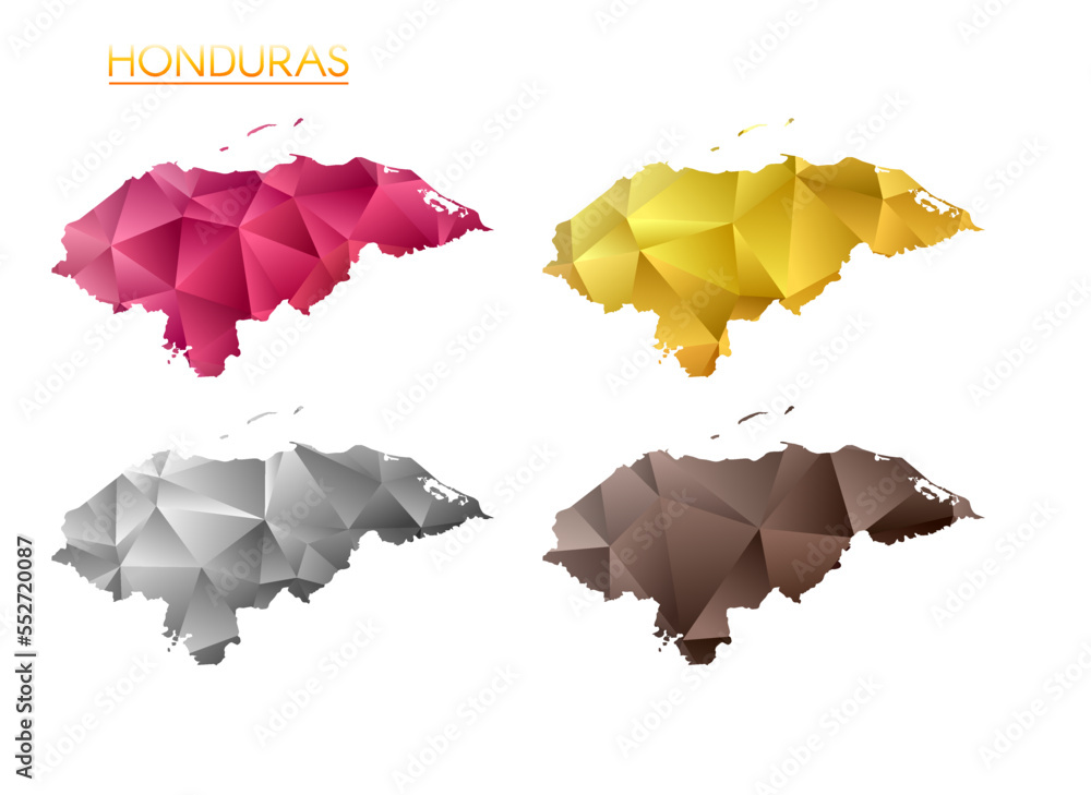 Set of vector polygonal maps of Honduras. Bright gradient map of country in low poly style. Multicolored Honduras map in geometric style for your infographics. Beautiful vector illustration.
