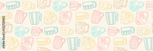 Cup mug trendy doodle seamless pattern, simple contour wallpaper. Crafted ceramic tableware endless linear ornament. Tea mugs, coffee cups beverages teacup repeat boundless texture vector