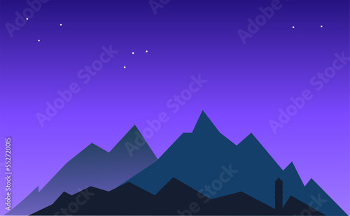 Vector landscape with silhouettes of blue mountains and temple