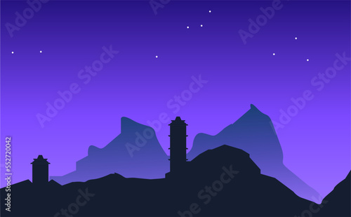 Vector landscape with silhouettes of blue mountains and temple