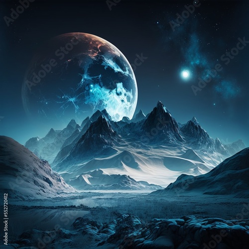 Fantasy night mountain landscape. Cold planet landscape