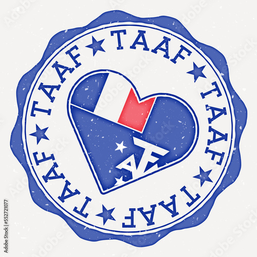 TAAF heart flag logo. Country name text around TAAF flag in a shape of heart. Authentic vector illustration. photo