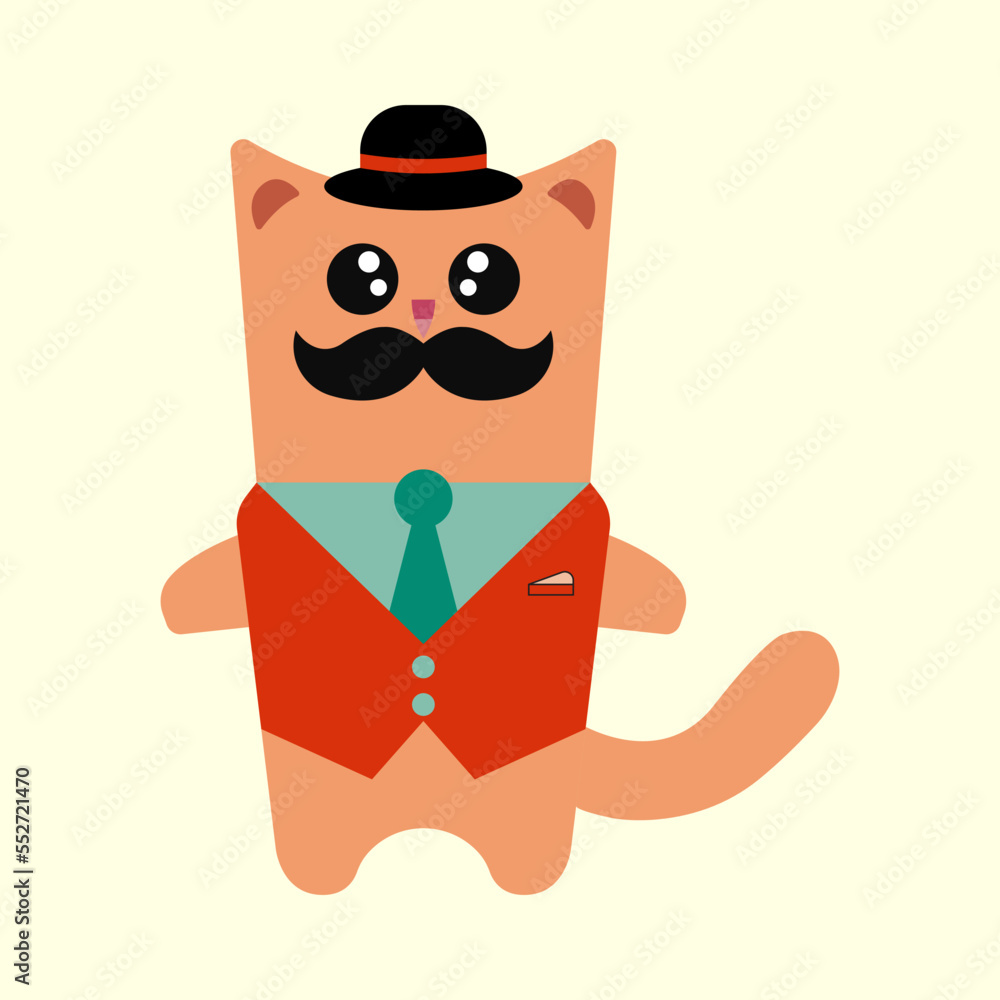 Cat illustration with costume, mustache and cap Cat illustration with costume, mustache and cap