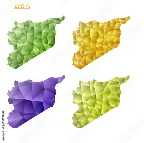 Set of vector polygonal maps of Syria. Bright gradient map of country in low poly style. Multicolored Syria map in geometric style for your infographics. Astonishing vector illustration.