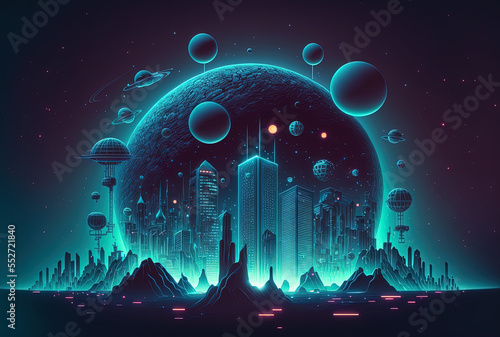 future sci fi capital city and building scene of abstract planet landscape idea light illuminating on dark night life technological network for 5g beyond generation. Generative AI © 2rogan