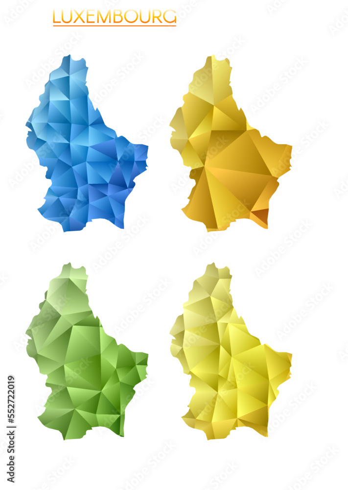 Set of vector polygonal maps of Luxembourg. Bright gradient map of country in low poly style. Multicolored Luxembourg map in geometric style for your infographics. Elegant vector illustration. Set of vector polygonal maps of Luxembourg. Bright gradient map of country in low poly style. Multicolored Luxembourg map in geometric style for your infographics. Elegant vector illustration.