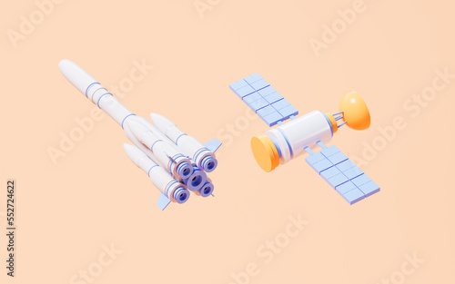 Rocket and satellite in the yellow background, 3d rendering.